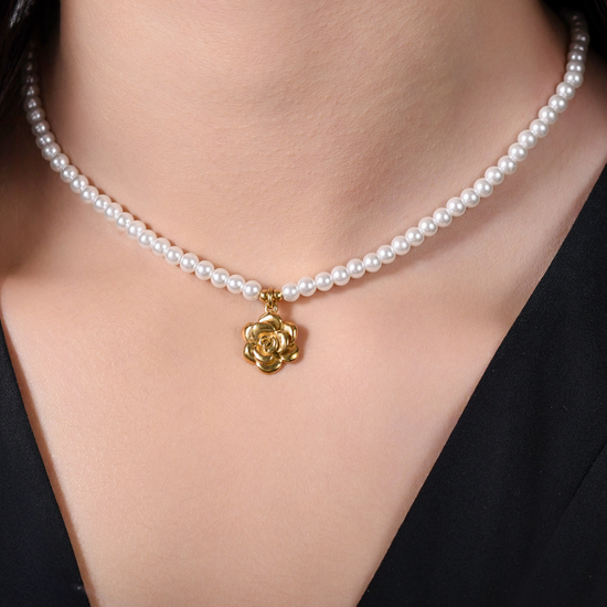 COLLANA DONNA IN ACCIAIO IP GOLD PERLE E ROSA