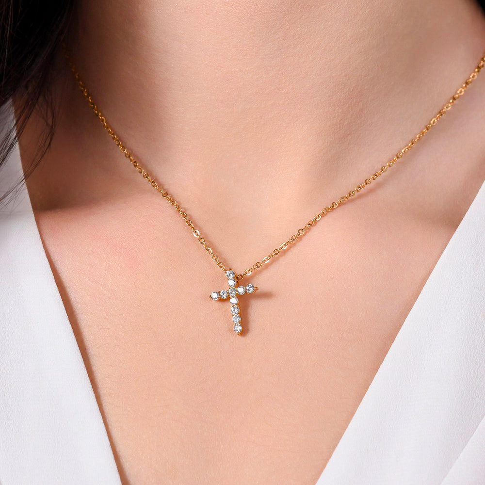 COLLANA DONNA IN ACCIAIO IP GOLD CROCE ZIRCONI BIANCHI