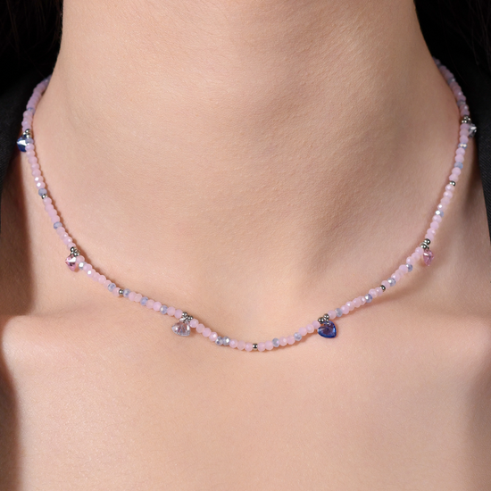 COLLANA DONNA IN ACCIAIO PIETRE ROSA E CRISTALLI MULTICOLOR