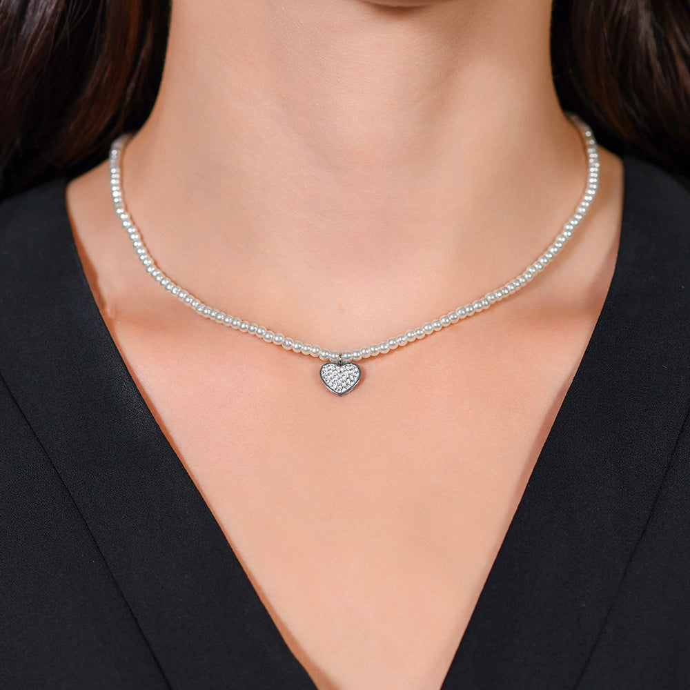 COLLANA DONNA IN ACCIAIO PERLE E CUORE