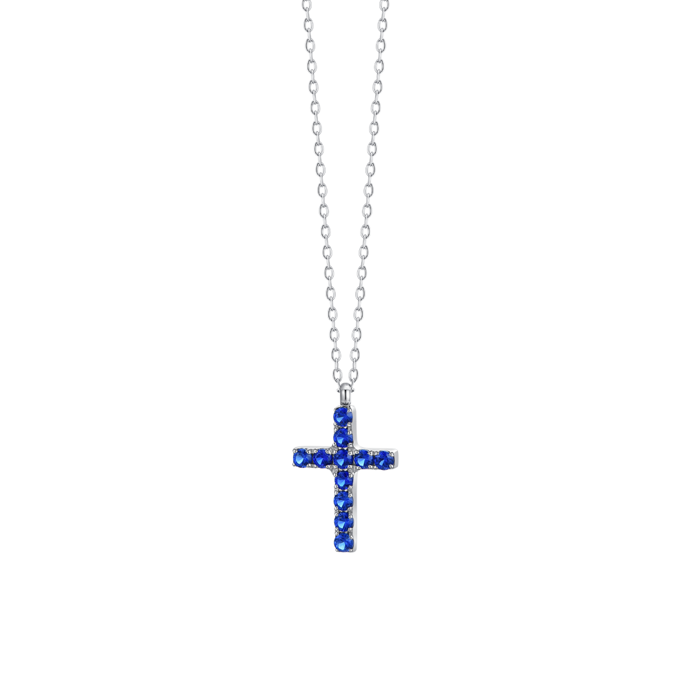 COLLANA DONNA IN ACCIAIO CON CROCE E ZIRCONI BLU