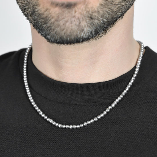 COLLANA UOMO IN ACCIAIO CON PERLE GRIGIE