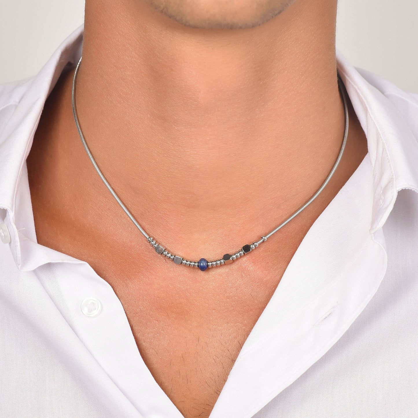 COLLANA UOMO IN ACCIAIO CON PIETRA BLU