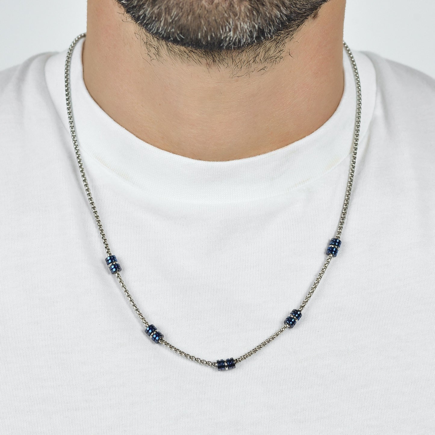 COLLANA UOMO IN ACCIAIO CON ELEMENTI IP BLU E SILVER