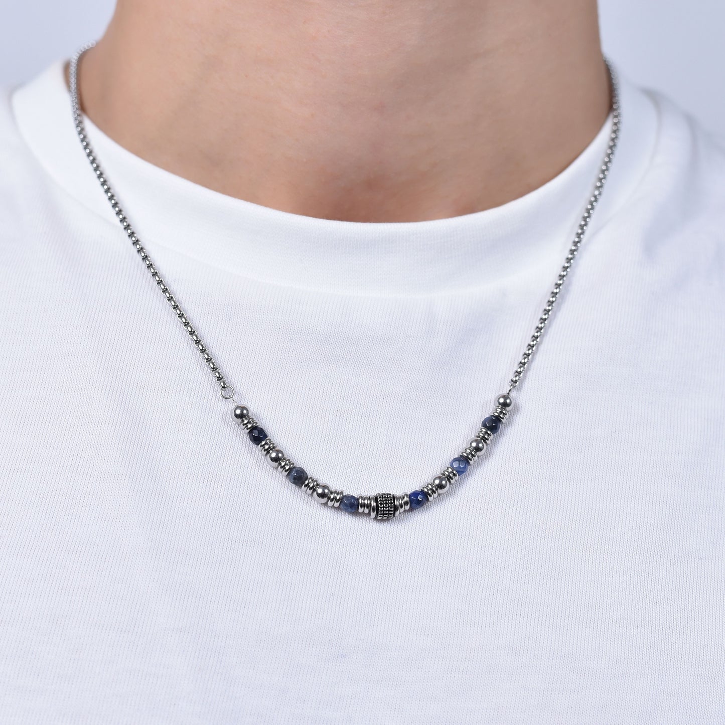 COLLANA UOMO IN ACCIAIO SODALITE BLU