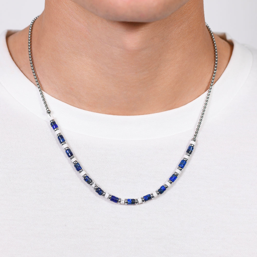 COLLANA UOMO IN ACCIAIO PIETRE LAPIS E BIANCHE