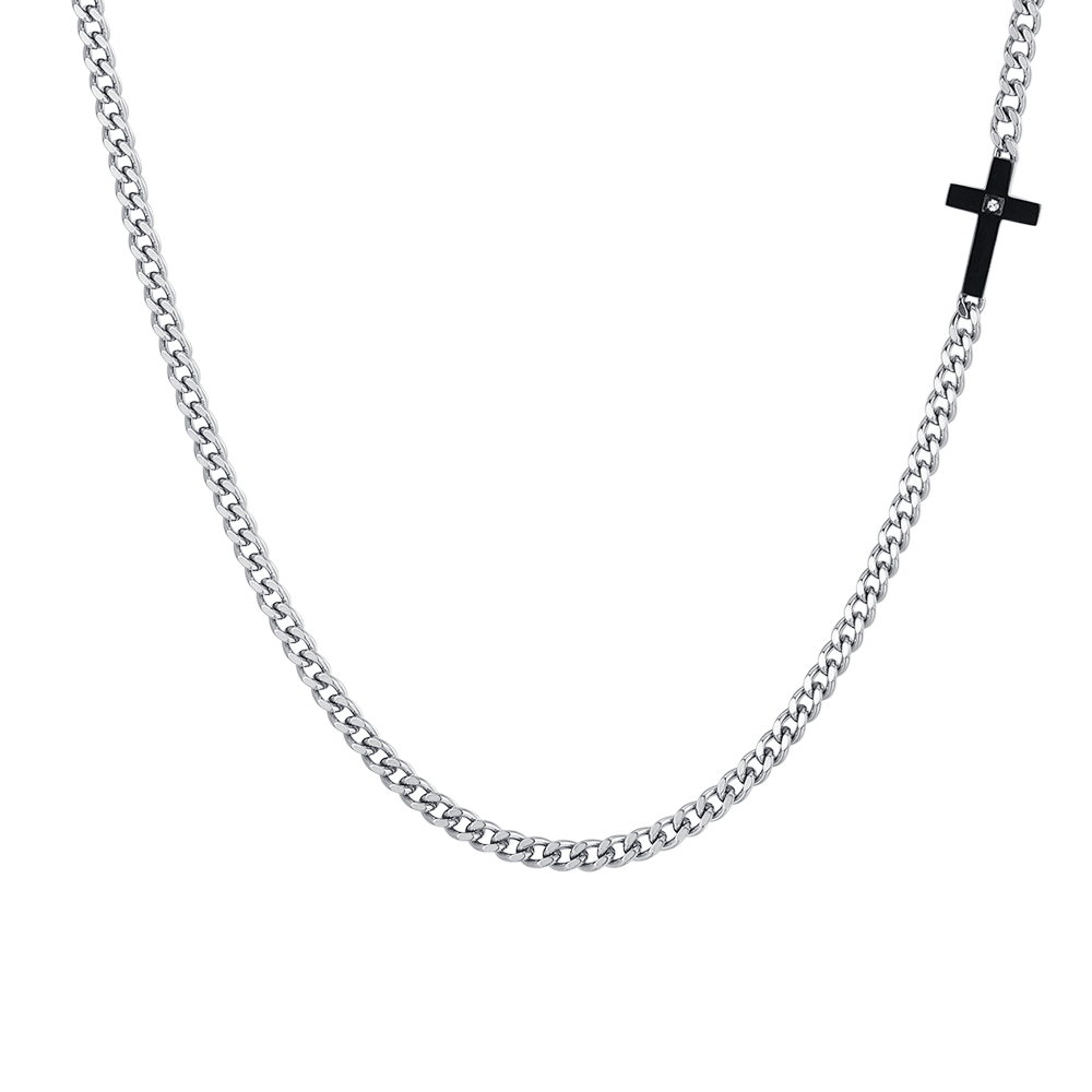 COLLANA UOMO IN ACCIAIO CROCE IP BLACK E ZIRCONE BIANCO