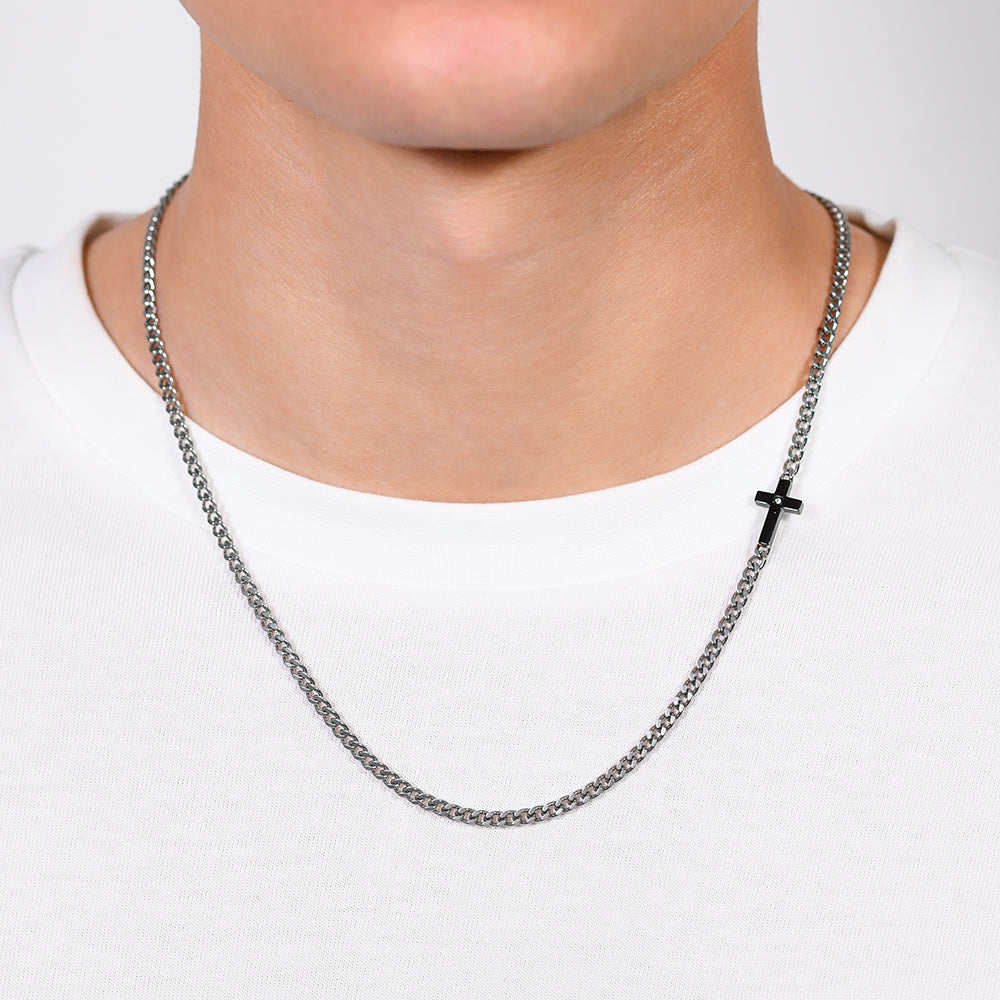 COLLANA UOMO IN ACCIAIO CROCE IP BLACK E ZIRCONE BIANCO