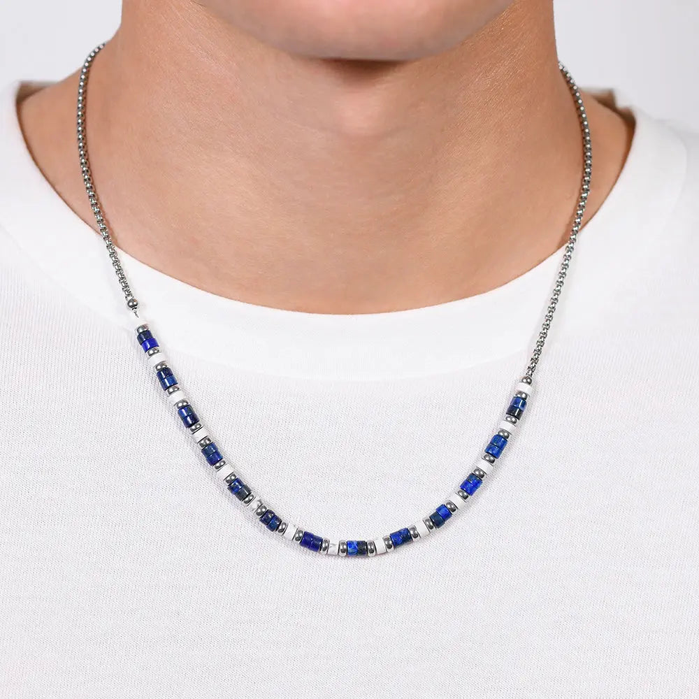 COLLANA UOMO IN ACCIAIO PIETRE LAPIS E BIANCHE Luca Barra