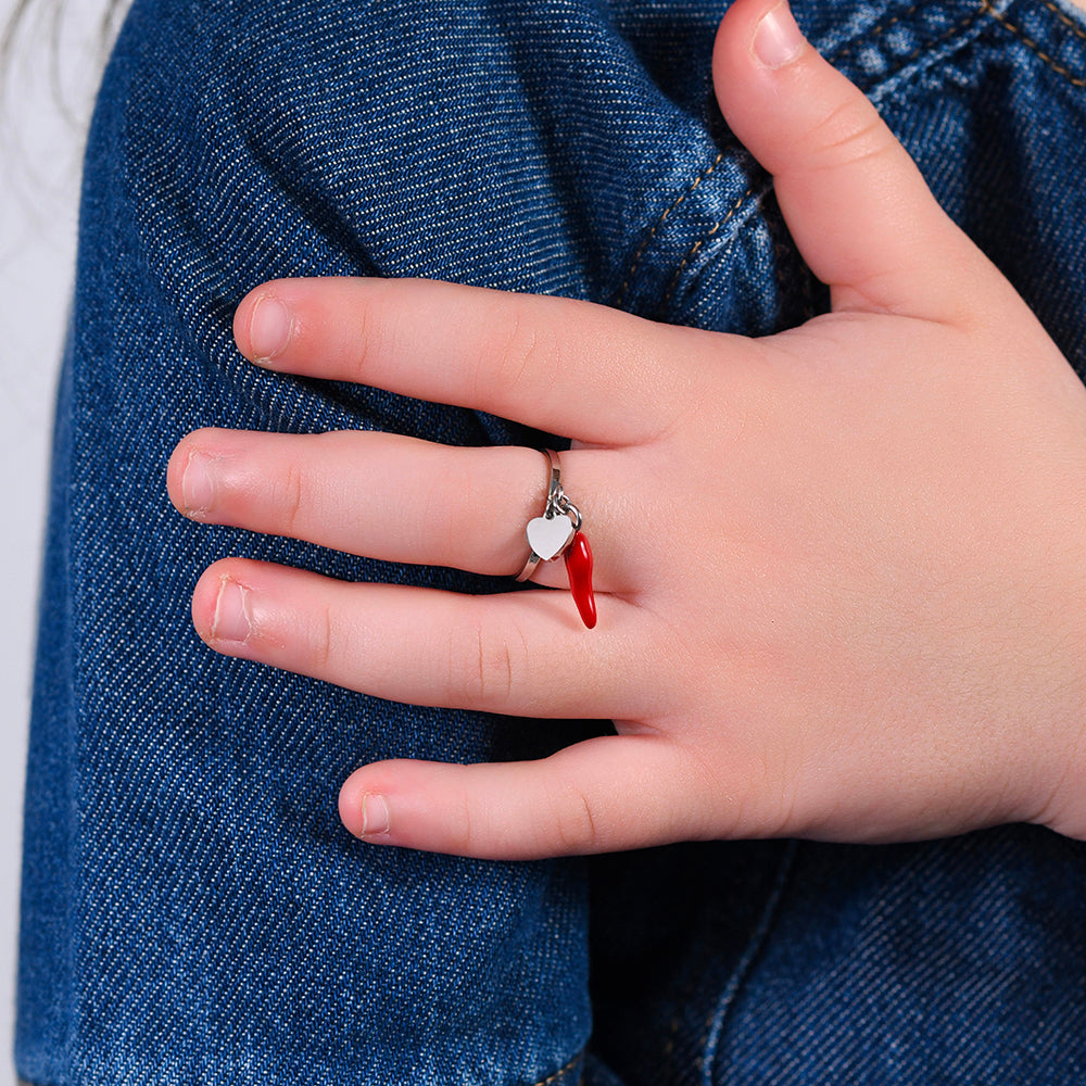 ANELLO BAMBINA IN ACCIAIO CON CORNO E QUADRIFOGLIO VERDE