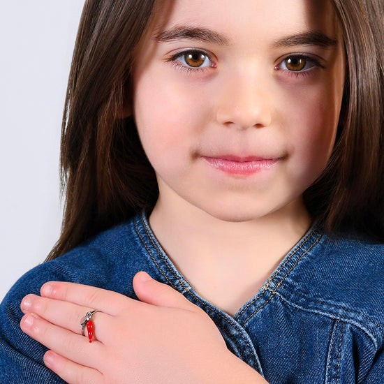 ANELLO BAMBINA IN ACCIAIO CON CORNO E QUADRIFOGLIO VERDE