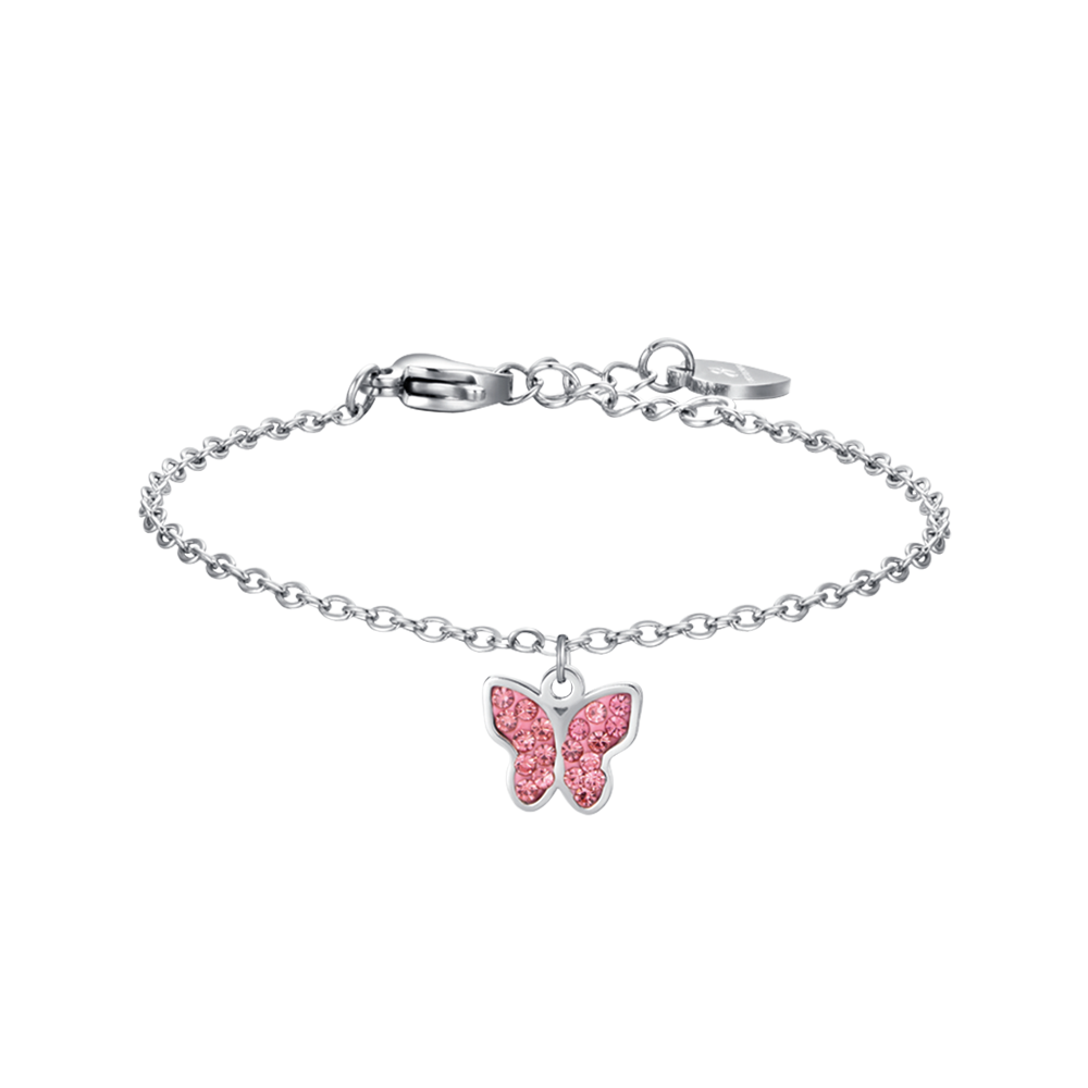 BRACCIALE BAMBINA IN ACCIAIO CON FARFALLA E CRISTALLI ROSA Luca Barra