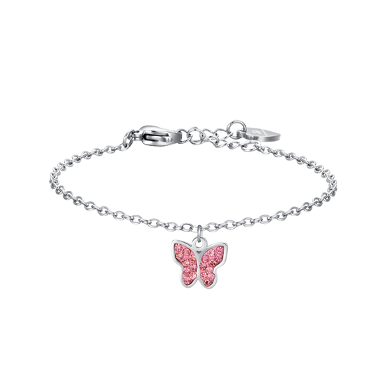 BRACCIALE BAMBINA IN ACCIAIO CON FARFALLA E CRISTALLI ROSA