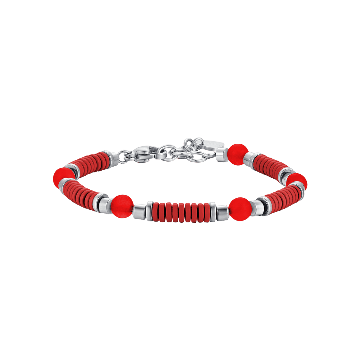 BRACCIALE BAMBINO IN ACCIAIO CON PIETRE ROSSE ED ELEMENTI CON SMALTO ROSSO