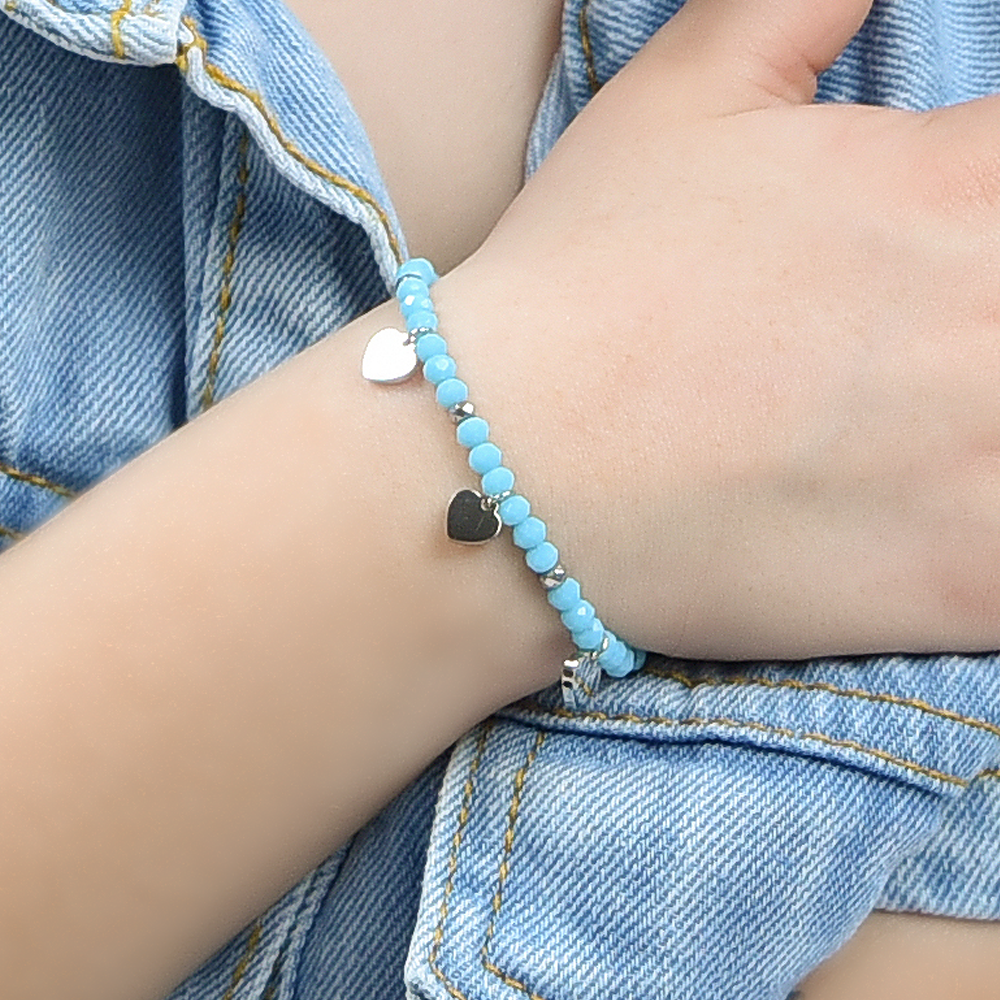 BRACCIALE BAMBINA IN ACCIAIO CON PIETRE TURCHESI E CUORI