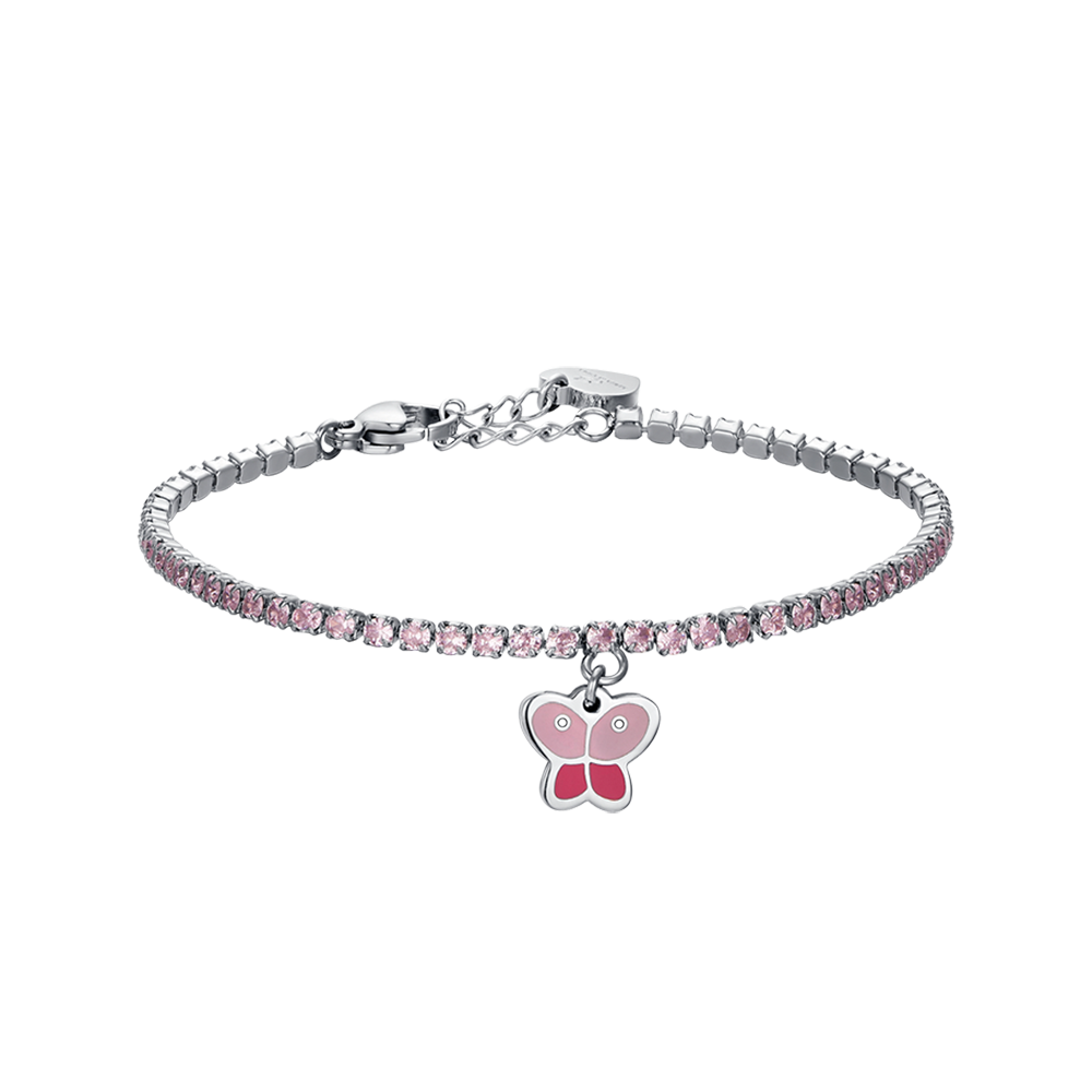 BRACCIALE TENNIS BAMBINA IN ACCIAIO CON CRISTALLI ROSA E FARFALLA