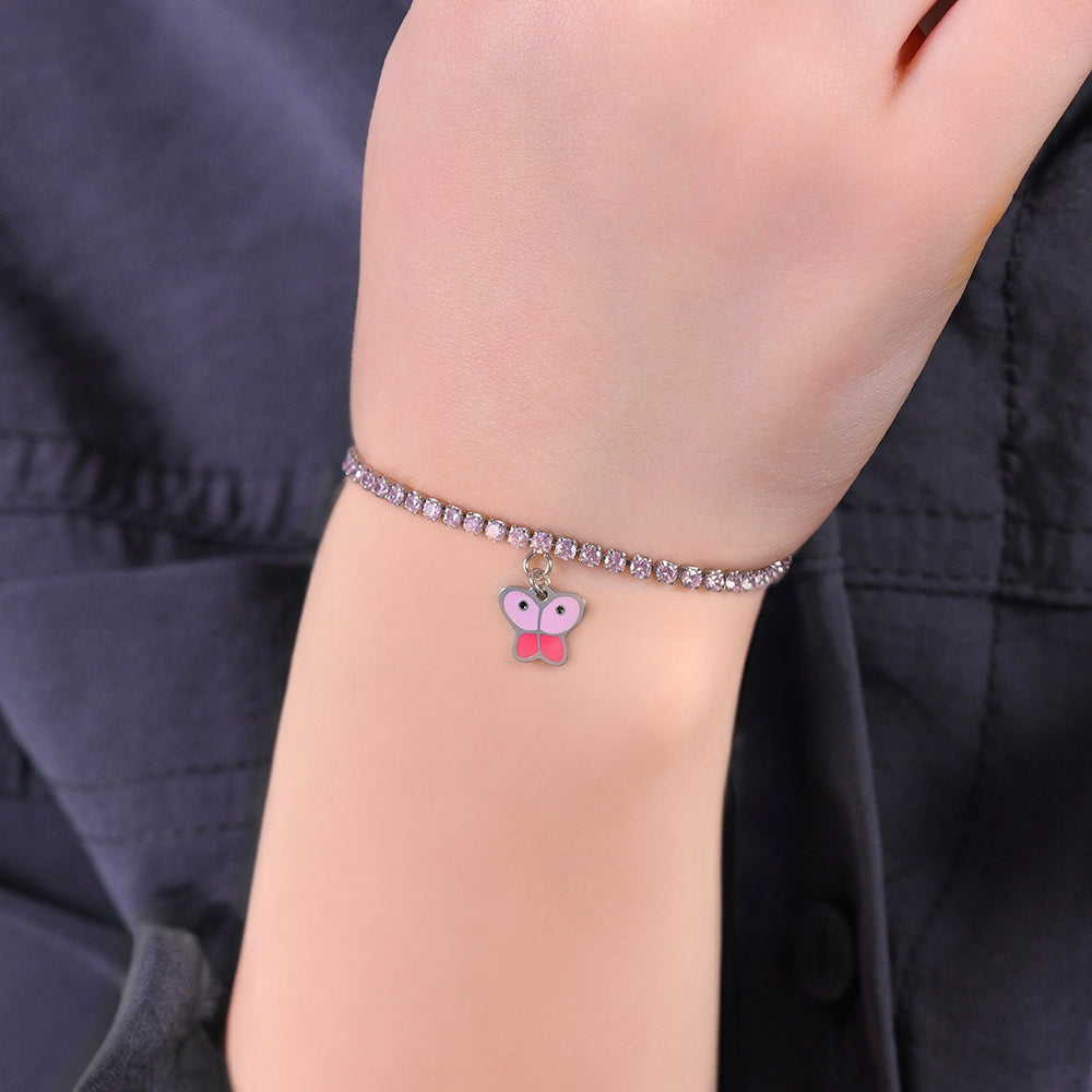 BRACCIALE TENNIS BAMBINA IN ACCIAIO CON CRISTALLI ROSA E FARFALLA