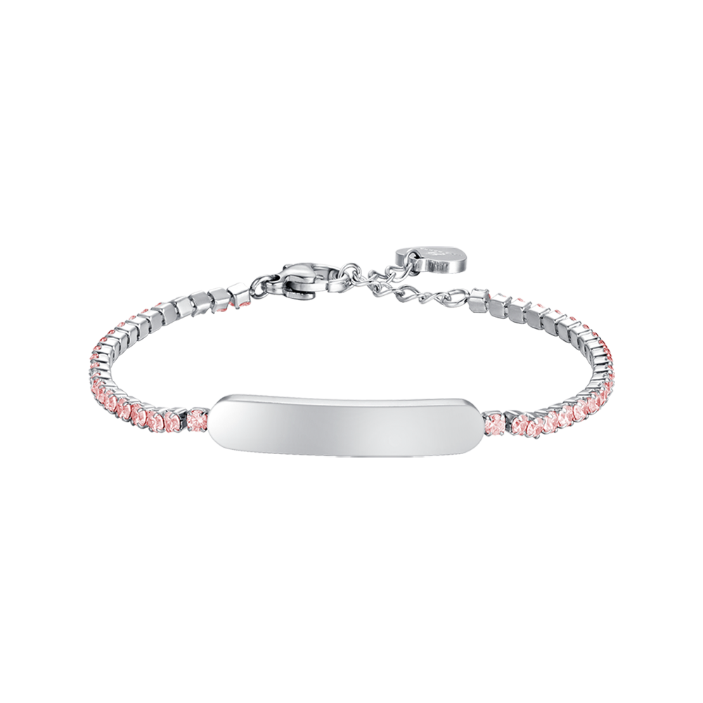 BRACCIALE TENNIS BAMBINA IN ACCIAIO CON CRISTALLI ROSA E PIASTRA