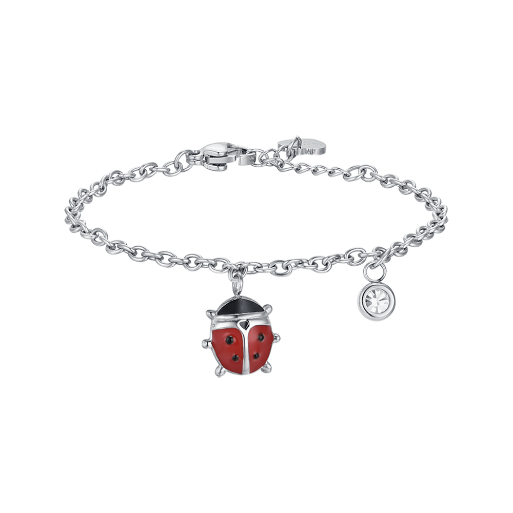 BRACCIALE BAMBINA IN ACCIAIO CON COCCINELLA CON SMALTO ROSSO E NERO E CRISTALLO