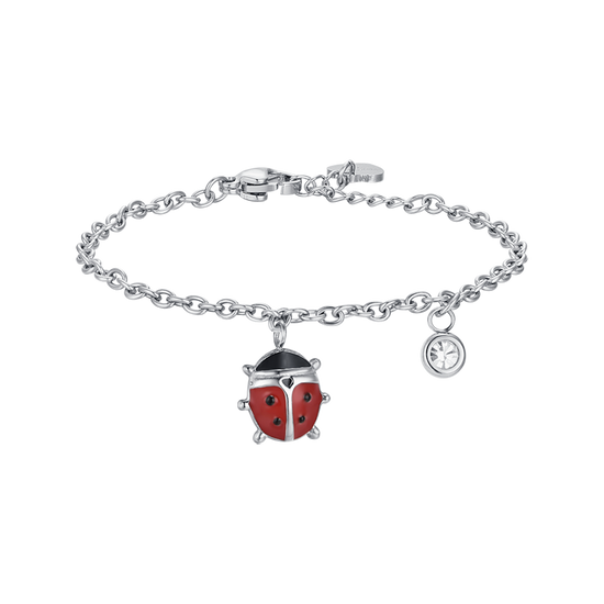 BRACCIALE BAMBINA IN ACCIAIO CON COCCINELLA CON SMALTO ROSSO E NERO E CRISTALLO