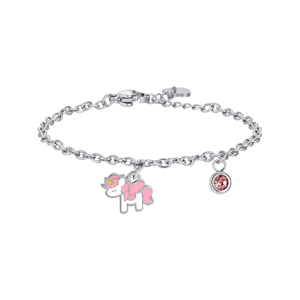 BRACCIALE BAMBINA IN ACCIAIO CON UNICORNO CON SMALTO ROSA E BIANCO E CRISTALLO