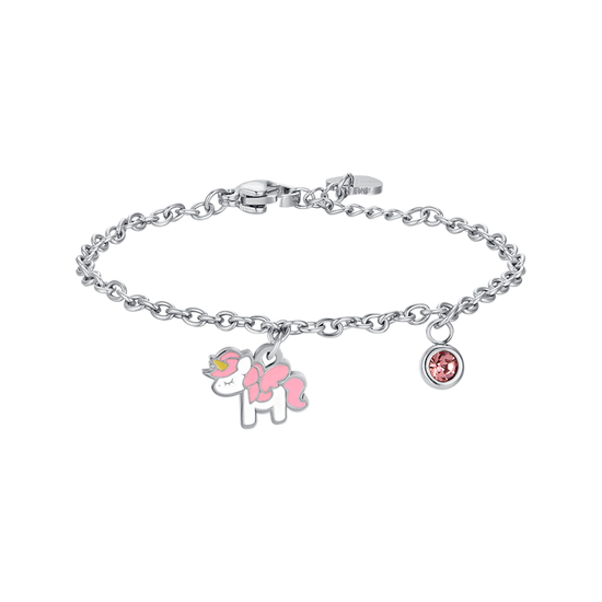 BRACCIALE BAMBINA IN ACCIAIO CON UNICORNO CON SMALTO ROSA E BIANCO E CRISTALLO