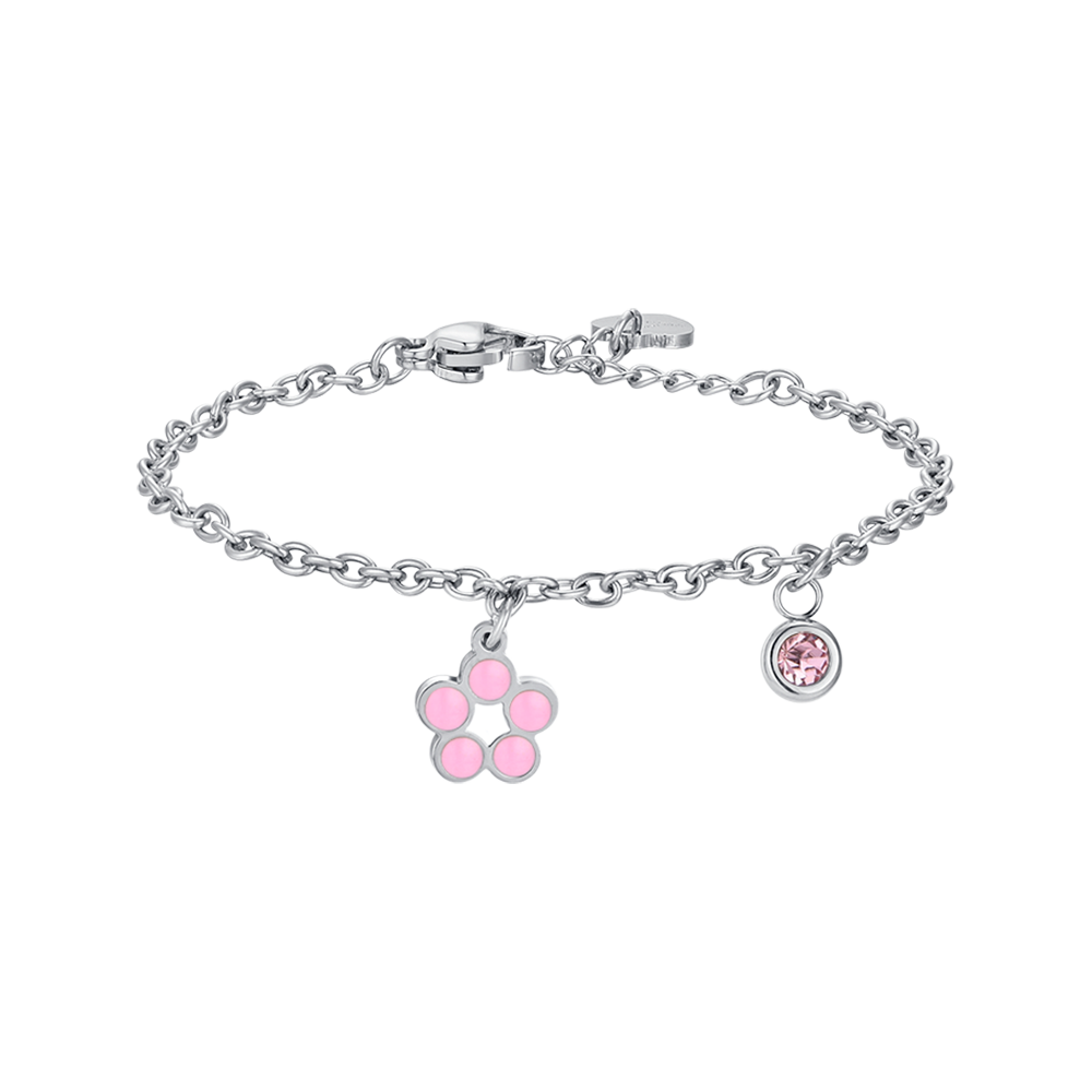 BRACCIALE BAMBINA IN ACCIAIO CON FIORE CON SMALTO ROSA E BIANCO E CRISTALLO