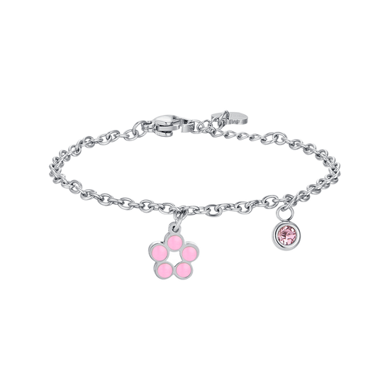 BRACCIALE BAMBINA IN ACCIAIO CON FIORE CON SMALTO ROSA E BIANCO E CRISTALLO