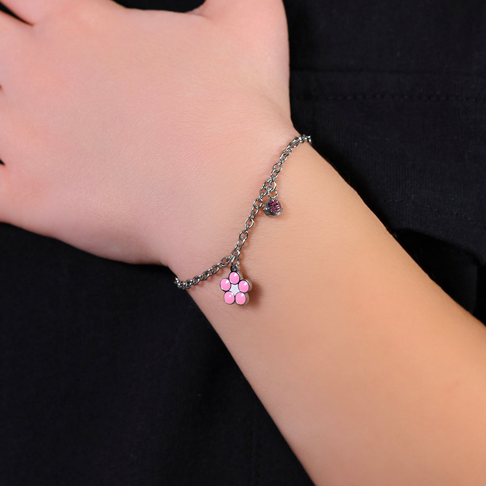 BRACCIALE BAMBINA IN ACCIAIO CON FIORE CON SMALTO ROSA E BIANCO E CRISTALLO