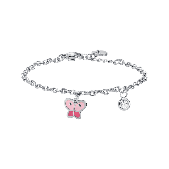 BRACCIALE BAMBINA IN ACCIAIO CON FARFALLA CON SMALTO ROSA E CRISTALLO BIANCO