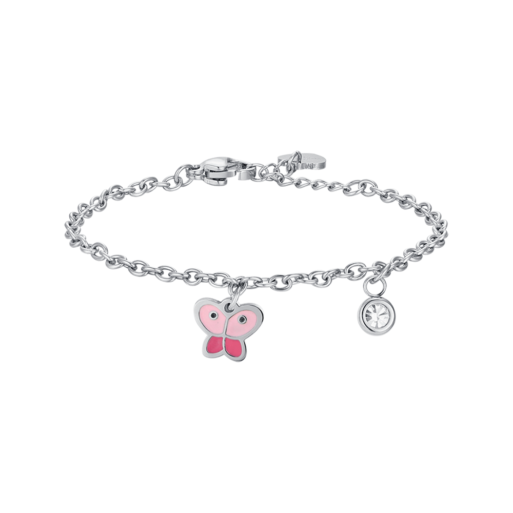 BRACCIALE BAMBINA IN ACCIAIO CON FARFALLA CON SMALTO ROSA E CRISTALLO BIANCO