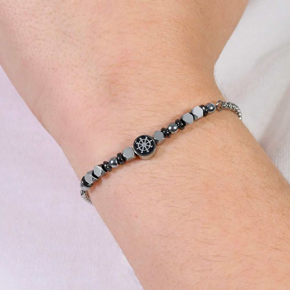 BRACCIALE BAMBINO IN ACCIAIO CON EMATITE GRIGIA E TIMONE