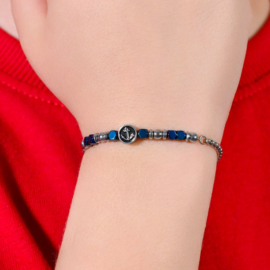 BRACCIALE BAMBINO IN ACCIAIO CON EMATITE BLU ED ANCORA