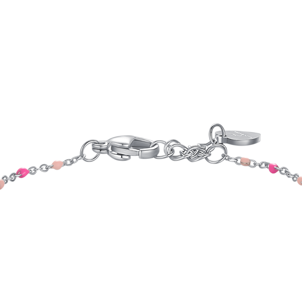 BRACCIALE IN ACCIAO, FIOCCO CON SMALTO ROSA E FUCSIA E PIETRE COLORATE