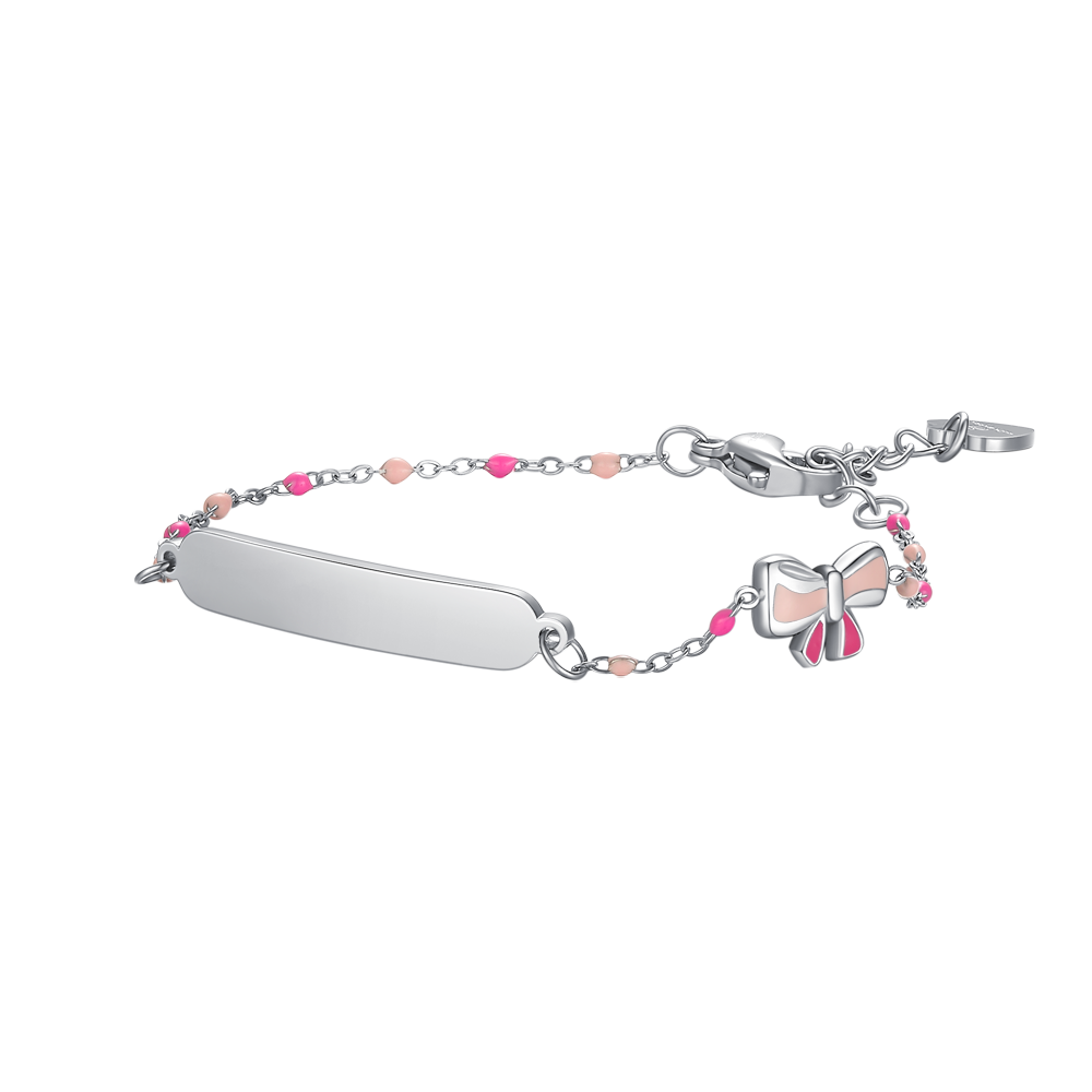 BRACCIALE IN ACCIAIO, PIASTRA E FIOCCO CON SMALTO ROSA E FUSCIA E PIETRE COLORAT