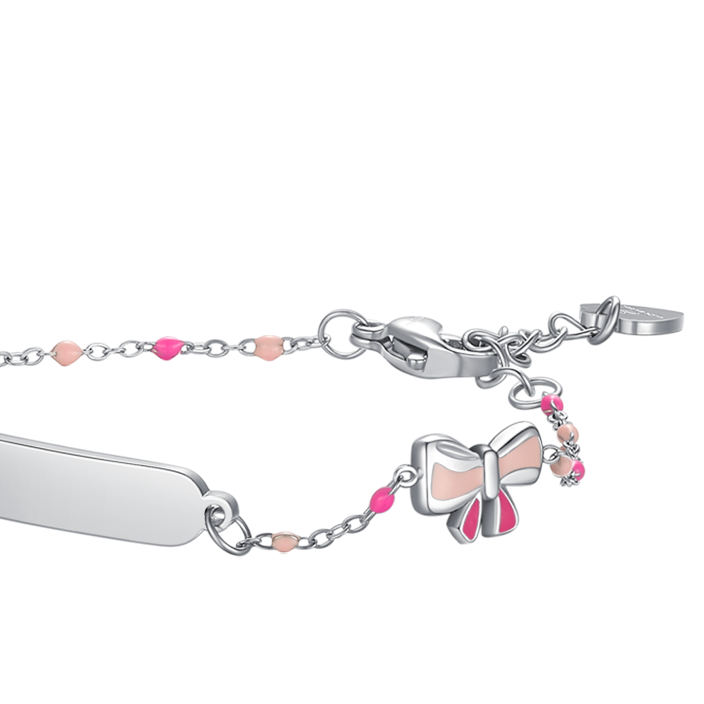 BRACCIALE IN ACCIAIO, PIASTRA E FIOCCO CON SMALTO ROSA E FUSCIA E PIETRE COLORAT