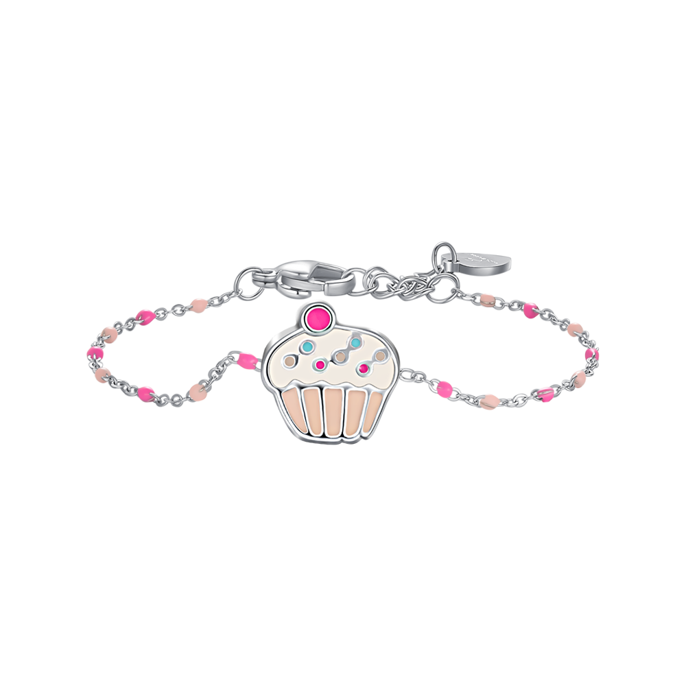 BRACCIALE IN ACCIAIO, CUPCAKE CON SMALTO ROSA E FUCSIA E PIETRE COLORATE