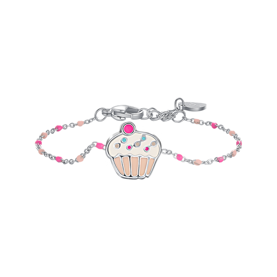 BRACCIALE IN ACCIAIO, CUPCAKE CON SMALTO ROSA E FUCSIA E PIETRE COLORATE