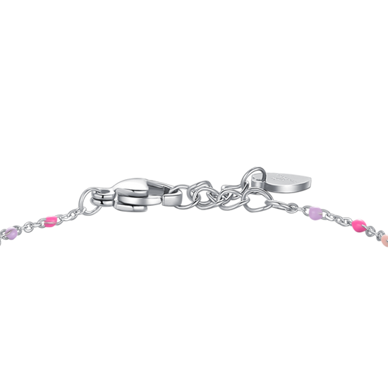 BRACCIALE IN ACCIAIO, PIASTRA E CAVALLO A DONDOLO CON SMALTO ROSA E FUCSIA E PIE