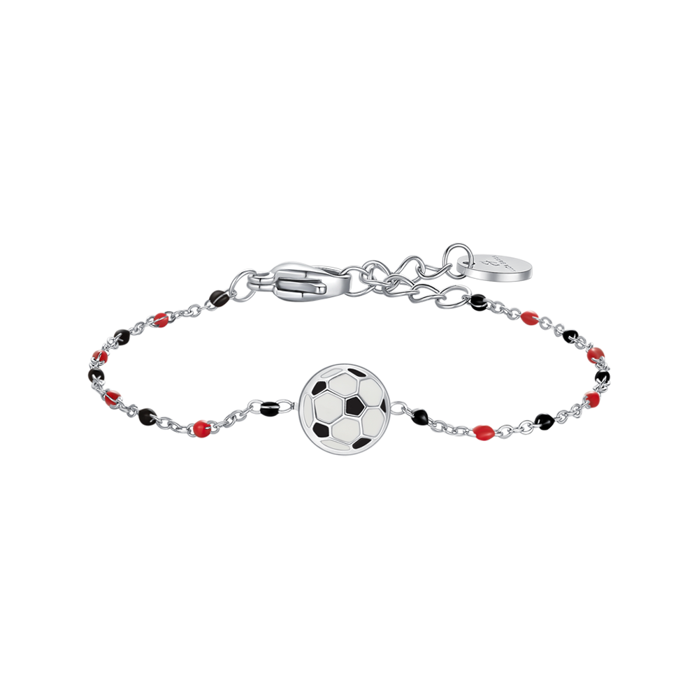 BRACCIALE IN ACCIAIO CON PALLONE E PIETRE NERE E ROSSE