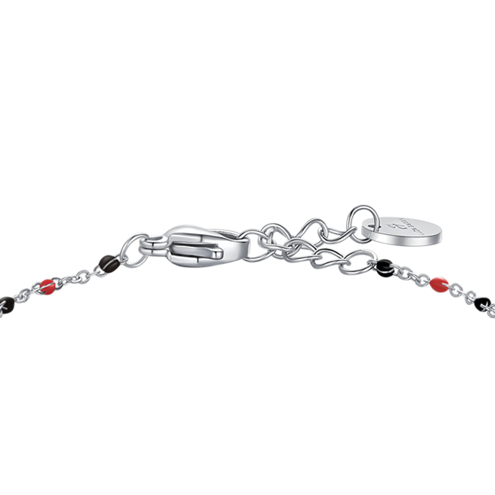 BRACCIALE IN ACCIAIO CON PALLONE E PIETRE NERE E ROSSE