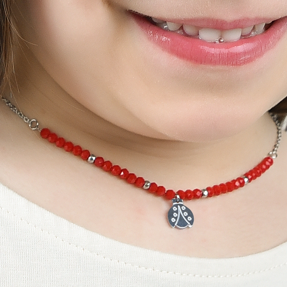 COLLANA BAMBINA IN ACCIAIO CON PIETRE ROSSE E COCCINELLA Luca Barra