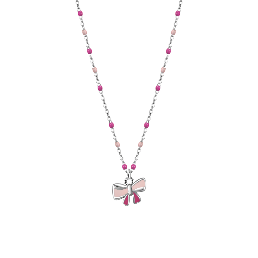 COLLANA IN ACCIAIO, FIOCCO CON SMALTO ROSA E FUCSIA E PIETRE COLORATE