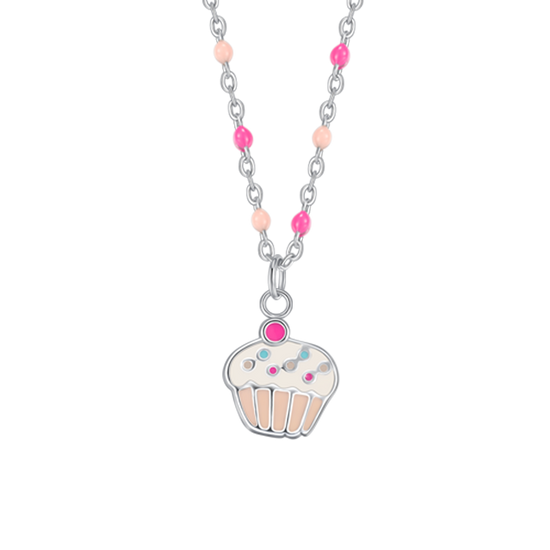 COLLANA IN ACCIAIO, CUPCAKE CON SMALTO ROSA E FUCSIA E PIETRE COLORATE