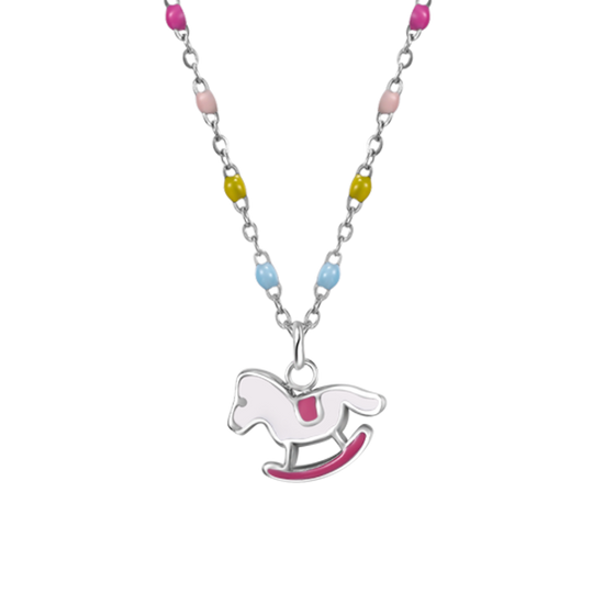 COLLANA IN ACCIAIO, CAVALLO A DONDOLO CON SMALTO ROSA E FUCSIA E PIETRE COLORATE