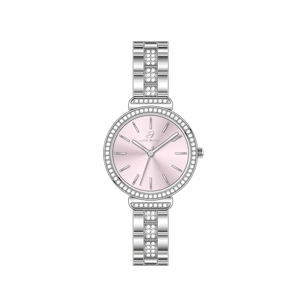 OROLOGIO DONNA IN ACCIAIO CRISTALLI GHIERA E QUADRANTE ROSA Luca Barra